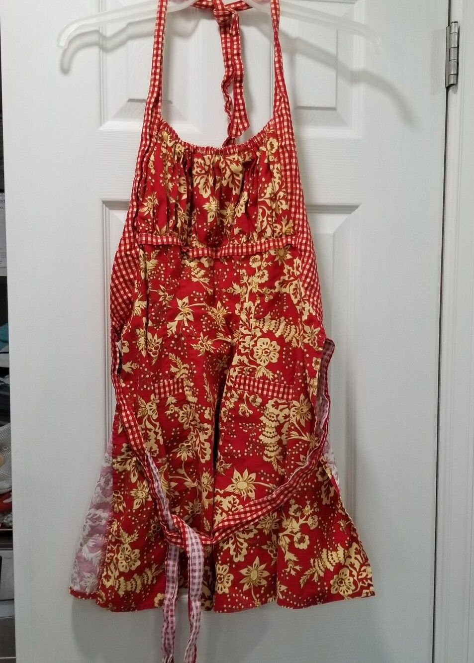 Heavenly Hostess Retro Apron Red Floral Paisley Gingham Trim Pinup Kitchen
